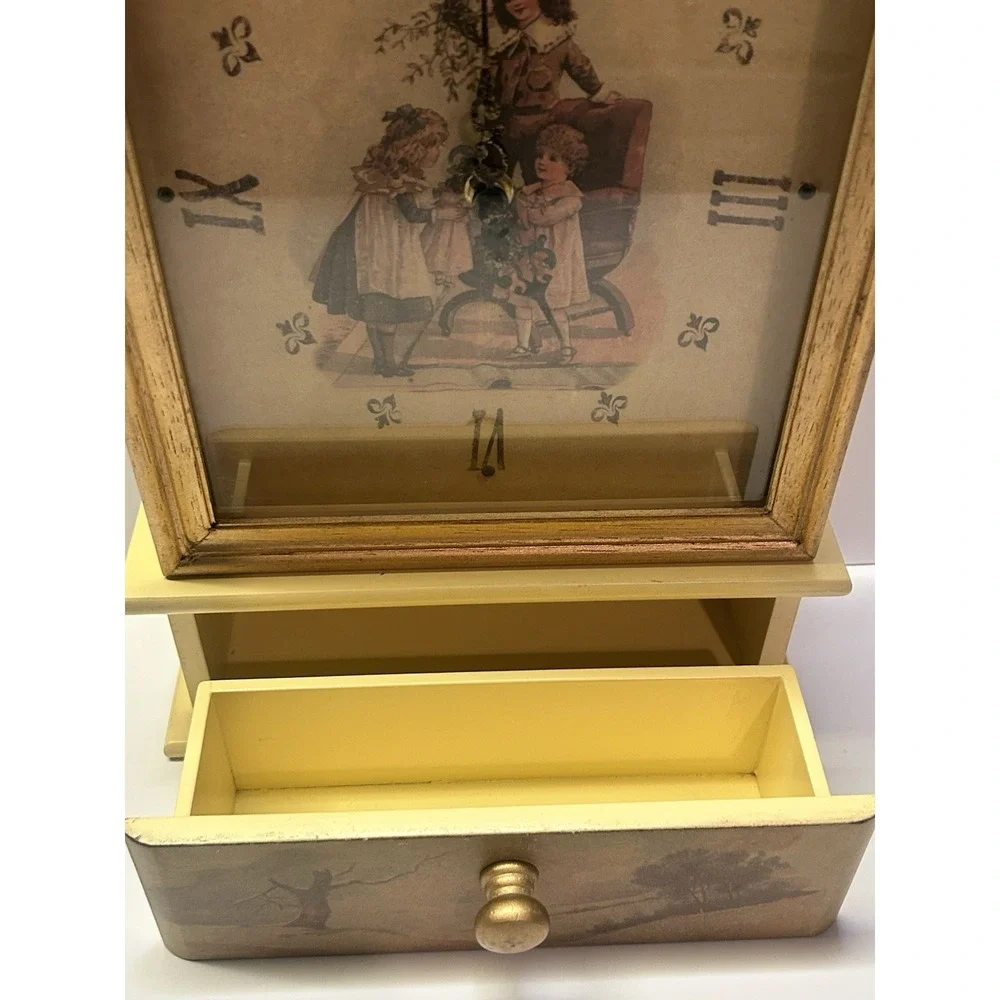 Vintage Victorian Style Wood Wall Clock Key Cabinet‎ Storage Drawer Cream Gold